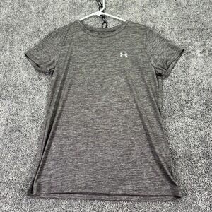 Under Armour Shirt Womens Medium Gray Purple HeatGear Loose Short Sleeve Logo